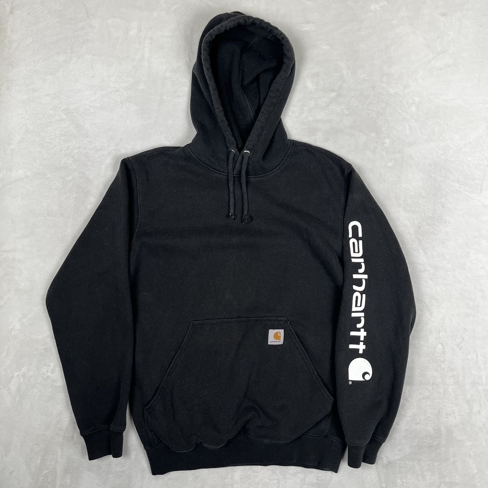 Carhartt Hoodie Mens Small Black Fleece Pullover Sleeve Logo Sweatshirt Workwear